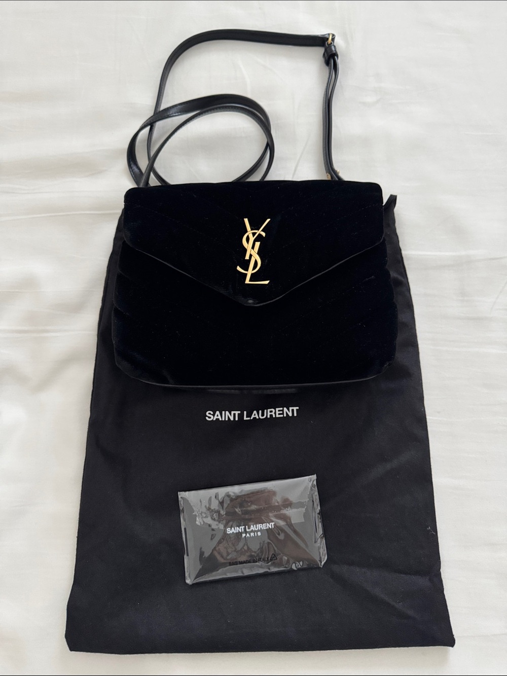 Saint Laurent Black Velvet Small Crossbody with Gold YSL Emblem